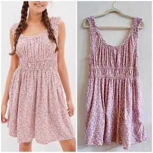 AE Easy Cinched Waist Floral Linen Blend Babydoll Coquette Mini‎ Dress